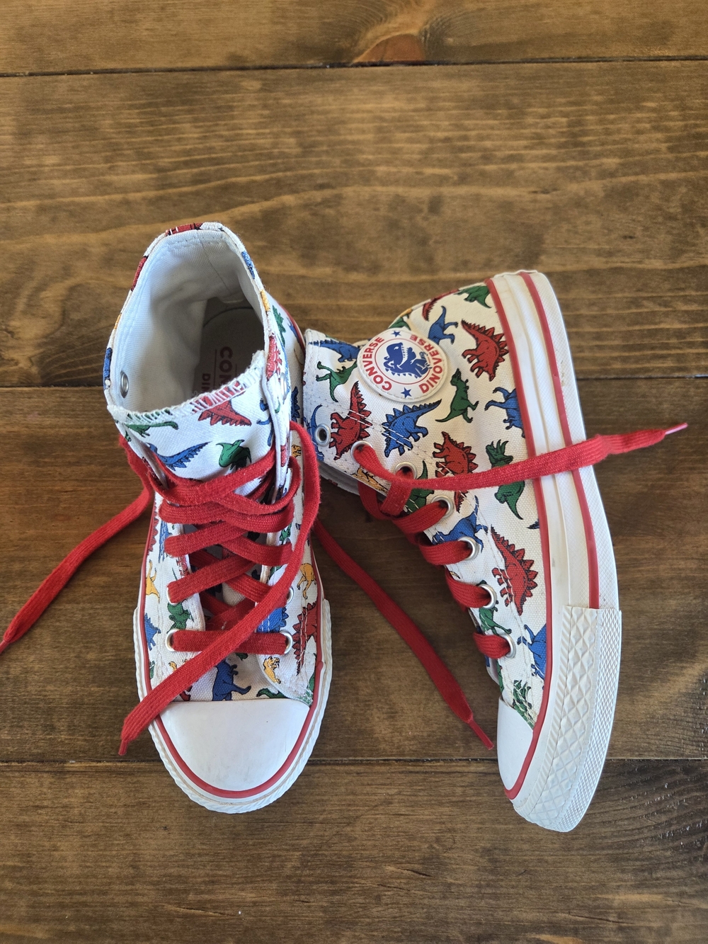 Converse White Kids High-Top Sneakers with Red, Blue & Green Dinosaur Print